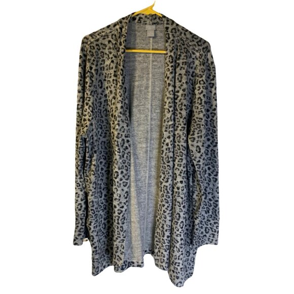 Chico's Women's Leopard Print Cardigan Sz 20 22 Gray Tunic Lightweight Pockets - Picture 1 of 7